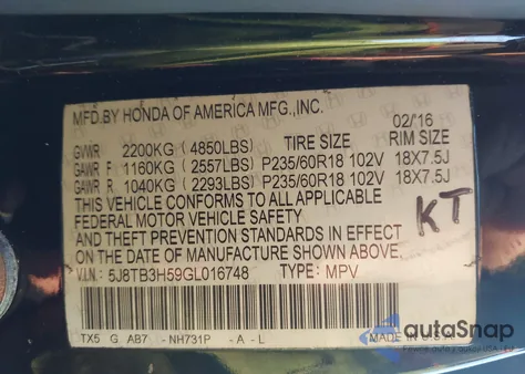 2016 Acura Rdx Technology Acurawatch Plus Packages/Technology Package z USA, uszkodzony, nr VIN 5J8TB3H59GL016748